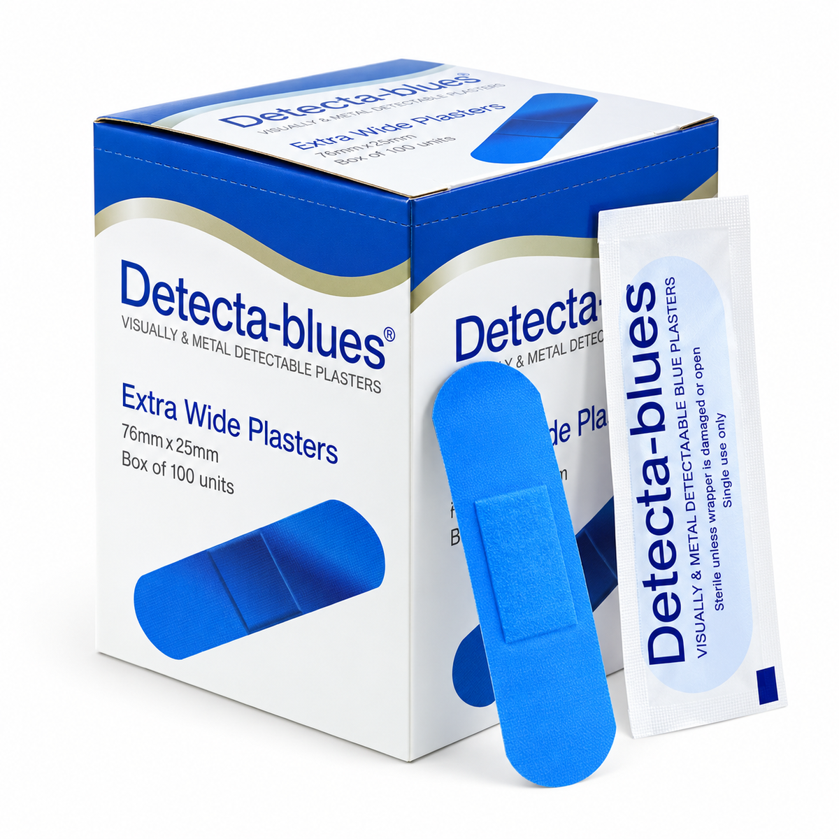Blue Plasters Food Grade Metal Detectable - Detecta-blues Extra Wide Box of 100