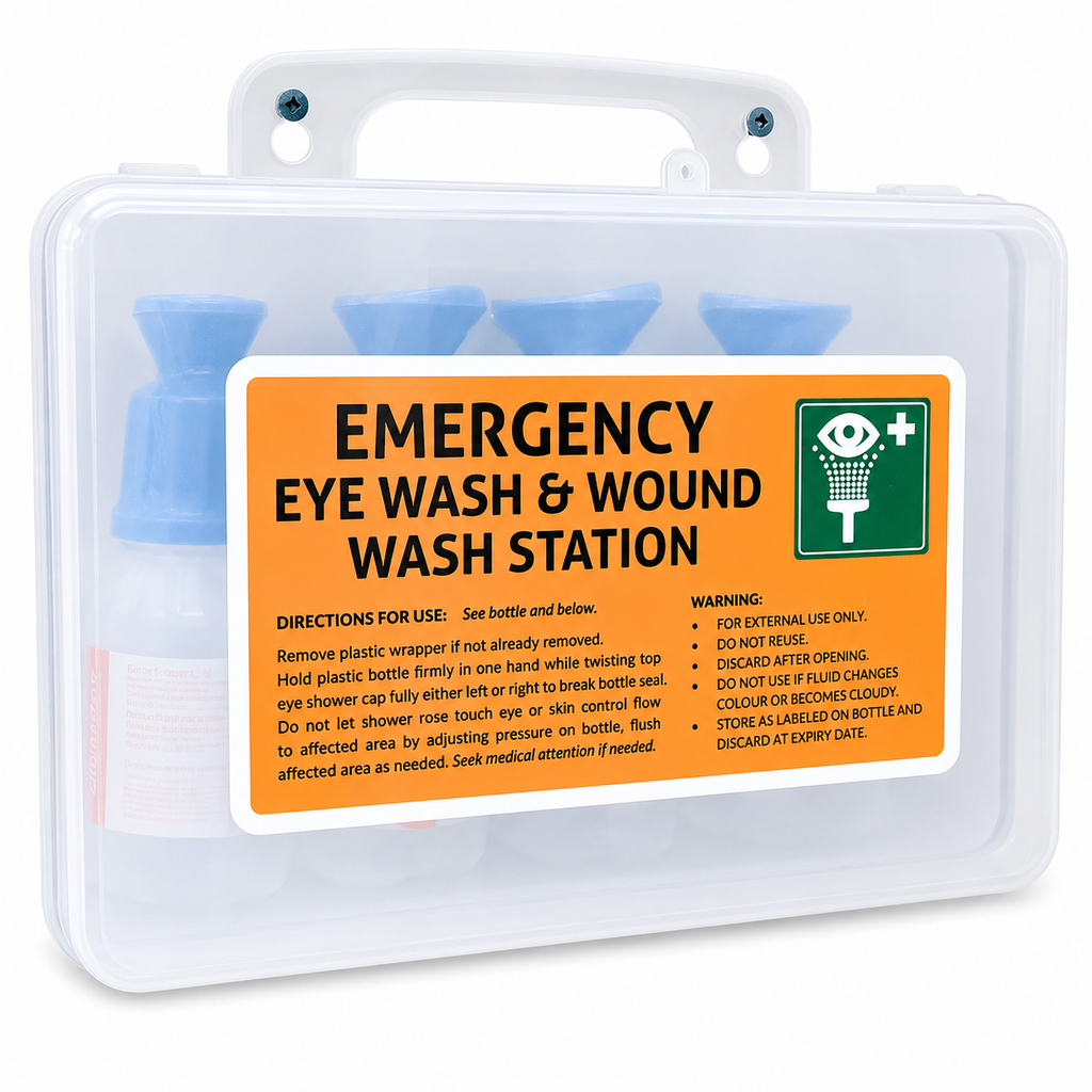 Wall-Mountable Eye Wash Station – 4 x 100ml Bottles & Mirror